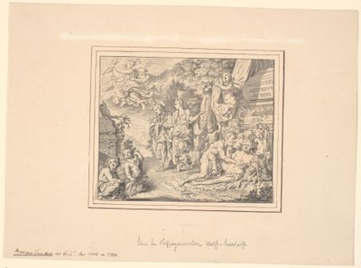 Foglio allegorico con il Sileno ubriaco e altre figure mitologiche e allegoriche presso un sarcofago con l