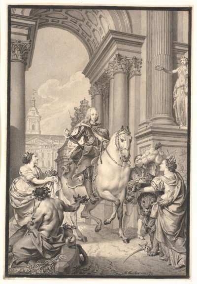 Studio per il dipinto: Danimarca e Norvegia omaggiano Chr. VI (bruciato con Christiansborg 1794) da Marcus Tuscher