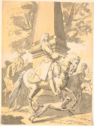 Nobile signore seguito da servitori passa davanti a un monumento da Marcus Tuscher