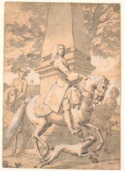 Nobile signore seguito da servitori cavalca davanti a un monumento da Marcus Tuscher