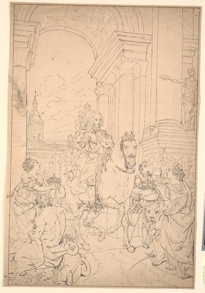 Bozzetto per il dipinto: Danimarca e Norvegia rendono omaggio a Chr. VI (bruciato con Christiansborg 1794) da Marcus Tuscher