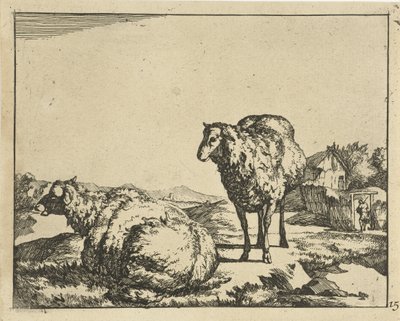 Pecora in piedi e sdraiata con fattoria sullo sfondo (serie: Schapen) da Marcus de Bye