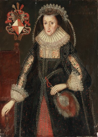 Ritratto di Lady Eleanor Dutton, a tre quarti di lunghezza, in abito elegante, in piedi accanto a una sedia con stemma della famiglia Dutton del Cheshire e del Gloucestershire da Marcus the Younger Gheeraerts