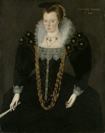 Ritratto di Lucy, Lady Reynell di Ford, a tre quarti, in un abito scuro con un colletto di pizzo bianco e collane d