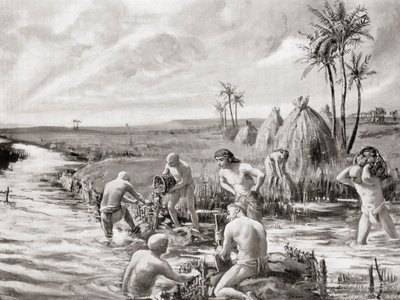 I primi coloni di Babilonia prosciugano le paludi costruendo una diga, da Hutchinson