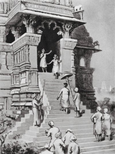 Kirtivarman Chandella visita il suo tempio a Khajurahu, 1065 d.C. (litografia) da Margaret (after) Dovaston