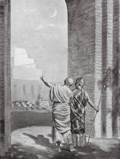 Ur-Engur ispeziona il Tempio del Dio della Luna in costruzione (litografia) da Margaret (after) Dovaston
