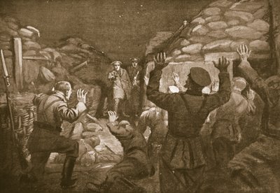 Un ufficiale tedesco e quattordici dei suoi uomini chiedono pietà al tenente Leach (litografia) da Margaret Dovaston