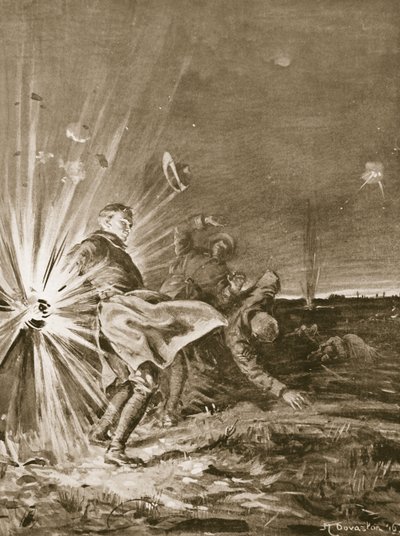 Una granata scoppia vicino al soldato Jackson, facendogli saltare il braccio mentre assiste al trasporto di un ferito (litografia) da Margaret Dovaston