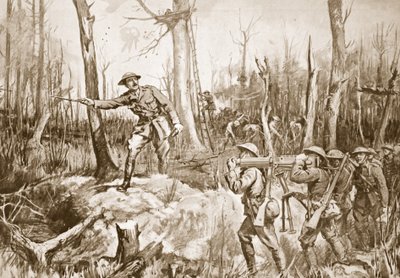 Il capitano (tenente colonnello temporaneo) R.B. Barker organizza le difese di un bosco (litografia) da Margaret Dovaston