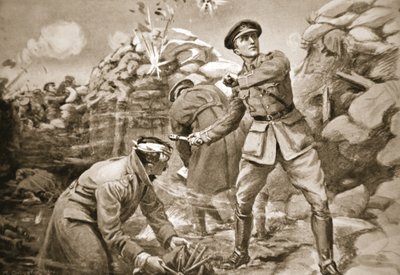 Il capitano Vickers tiene a bada il nemico mentre viene eretta una barriera alle sue spalle (litografia) da Margaret Dovaston