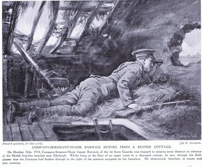 Il sergente maggiore della compagnia Barwick mentre cecchina da un cottage in rovina a Ghehuvelt ottobre 1914 (litografia) da Margaret Dovaston