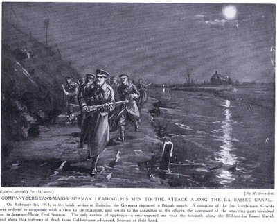 Il sergente maggiore della compagnia Seaman guida i suoi uomini lungo il canale di La Basse febbraio 1915 (litografia) da Margaret Dovaston