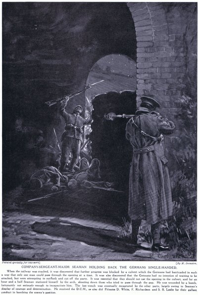 Il sergente maggiore della compagnia Seaman ha ricevuto una medaglia al valore per aver respinto con una sola mano un attacco tedesco nel febbraio del 1915 (litografia). da Margaret Dovaston