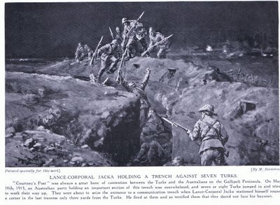 Il caporale Jacka vince un VC dimostrando che un uomo solo può batterne sette Maggio 1915 (litografia) da Margaret Dovaston