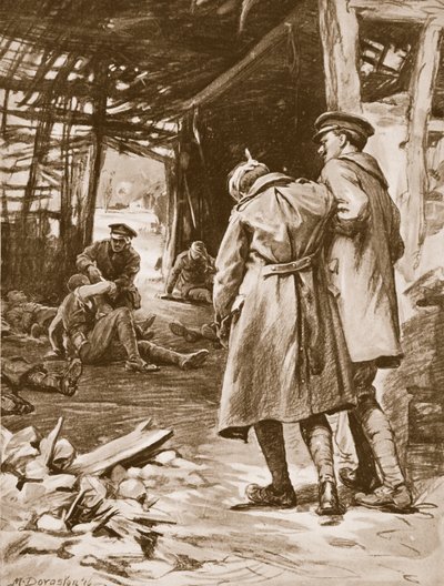 Il soldato J.S. Kerr presta il primo soccorso ai feriti in una fattoria pesantemente bombardata (litografia) da Margaret Dovaston