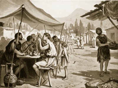 Spartani che mangiano ai tavoli pubblici, illustrazione da "Hutchinson