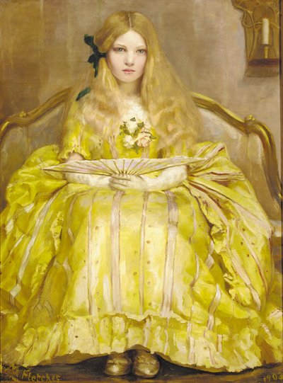 Ritratto di una ragazza, a figura intera, in un vestito giallo, con un ventaglio, in un interno da Margaret Fletcher