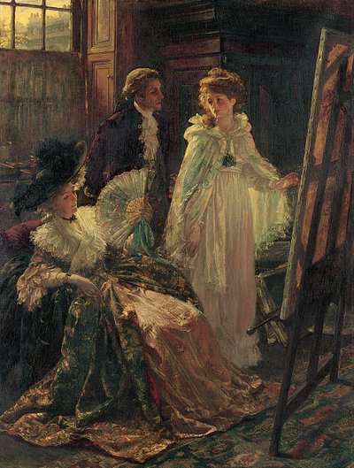 Miss Angel, Angelica Kauffman, introdotta da Lady Wentworth, visita lo studio di Mr. Reynolds, 1892 da Margaret Isabel Dicksee