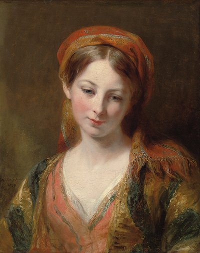 Ritratto di una giovane ragazza, ritenuta essere Henrietta Carpenter, busto, in abito orientale, 1839 da Margaret Sarah Carpenter