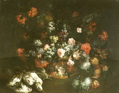 Rose, tulipani, campanule, lillà e altri fiori in un cesto con uccelli morti da Margarita (attr. to) Caffi