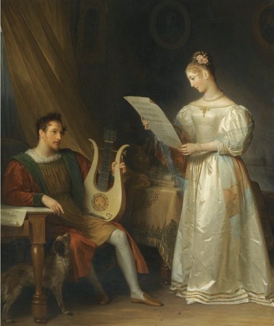 Interno con un uomo che tiene una lira e una donna con uno spartito musicale da Marguerite Gerard