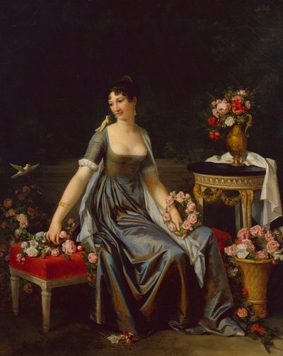 Ritratto di una Signora, Circondata da Fiori e Uccelli, c.1800 da Marguerite Gerard