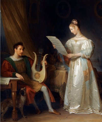 Interno con un uomo che tiene una lira e una donna con uno spartito da Marguerite Gerard