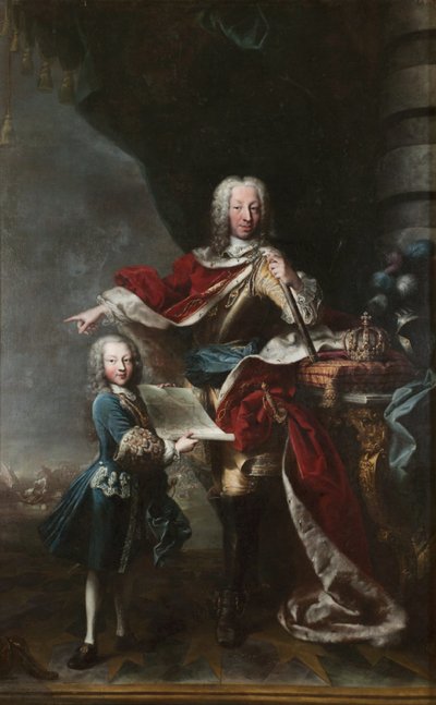 "Vittorio Amedeo III bambino mostra al padre Carlo Emanuele III di Savoia la pianta del Castello di Milano. ritratto di Carlo Emanuele III e di Vittorio Amedeo III di Savoia" da Maria Giovanna Clementi