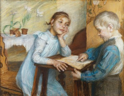 Un Interno con un Ragazzo che Legge a una Ragazza, 1912 da Maria Wiik