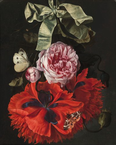 Rose e garofani appesi a un nastro verde con una falena e una farfalla da Maria van (studio of) Oosterwyck