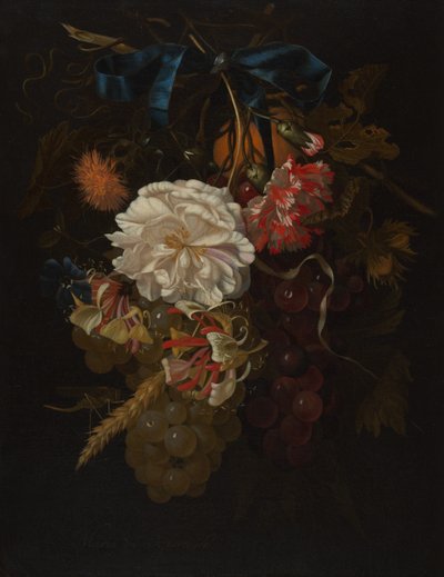 Bouquet di fiori e frutta con nastro azzurro da Maria van Oosterwijck