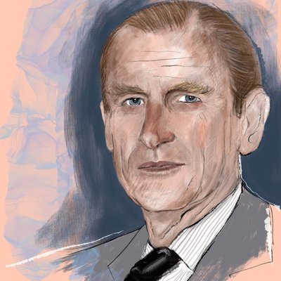 Principe Filippo, Duca di Edimburgo, 2021 (acquerello e digitale) da Marianna Kulukundis