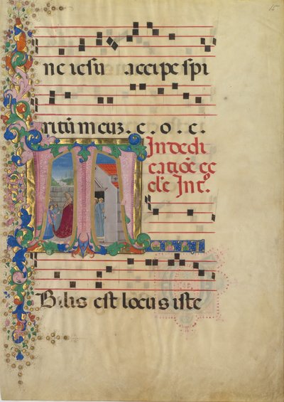 Foglio di manoscritto con la dedicazione di una chiesa in una iniziale T, da un Graduale, 2ª metà XV secolo da Mariano del Buono