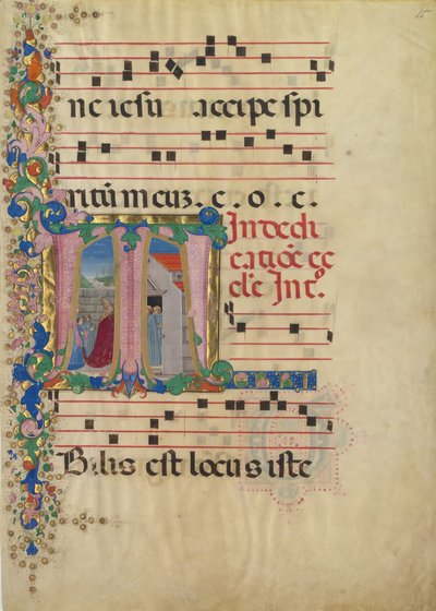 Foglio di Manoscritto con la Dedicazione di una Chiesa in una Iniziale T, da un Graduale, seconda metà del XV secolo da Mariano del Buono