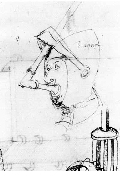 Disegno che raffigura la trasformazione di un elmo in una maschera subacquea. La visiera è usata per tenere il tubo respiratorio - in "De Ingeneis" di Mariano di Jacopo, detto Il Taccola, XV secolo da Mariano di  Jacopo 