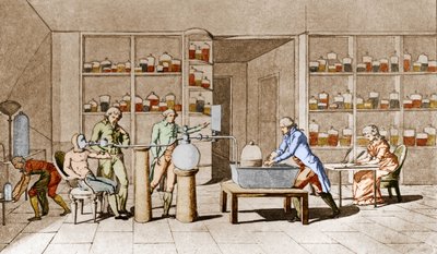 Antoine Laurent de Lavoisier (1743-1794), chimico francese, fa un esperimento sulla respirazione dell