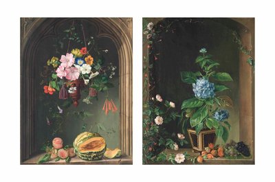 Nasturzi, convolvoli, gerani, petunie e altri fiori in una brocca sospesa sotto un arco sopra pesche e un melone; e Ortensie, rose, edera, uva e altri fiori in un arco da Marie Auersperg