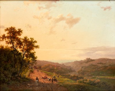 Pastori e il loro bestiame su una strada di campagna, con paesaggio lontano da Marinus Adrianus Koekkoek