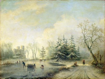 Alberi, castello e figure che pattinano da Marinus Adrianus Koekkoek