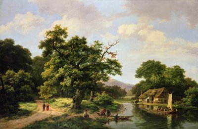 Paesaggio Fluviale Boschivo con Contadini che Scaricano un Traghetto da Marinus Adrianus Koekkoek