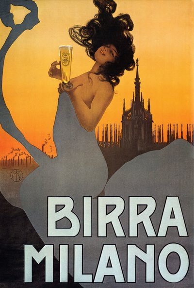 Poster pubblicitario Birra Milano, Italia, c.1900 da Mario Borgoni