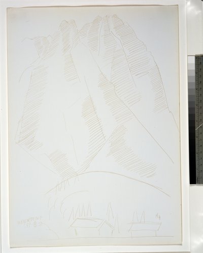 Paesaggio montano con due edifici in primo piano da Marsden Hartley