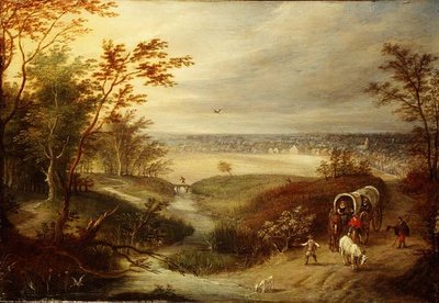 Un ampio paesaggio boscoso con un carro a un guado da Marten (attr. to) Ryckaert