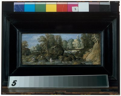 Paesaggio con mulino ad acqua, ponte che attraversa un fiume e pescatore con rete in primo piano da Marten Ryckaert