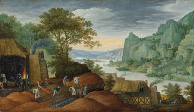 Paesaggio roccioso con figure presso una fonderia di ferro, un fiume e case sulla riva oltre da Marten Ryckaert