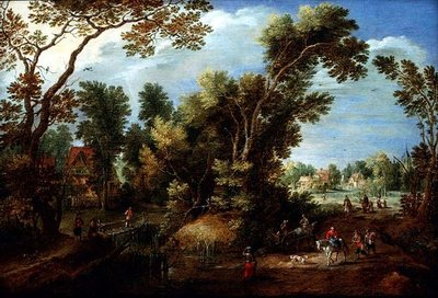 Paesaggio fluviale boscoso con figure da Marten Ryckaert