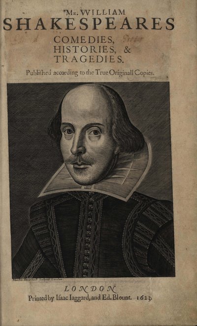 Pagina del titolo del primo folio di Shakespeare, 1623 da Martin Droeshout