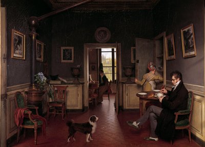 Una vista interna di una sala da pranzo nel 1815 Un uomo in pantofole fa colazione sotto gli occhi del cane da Martin Drölling