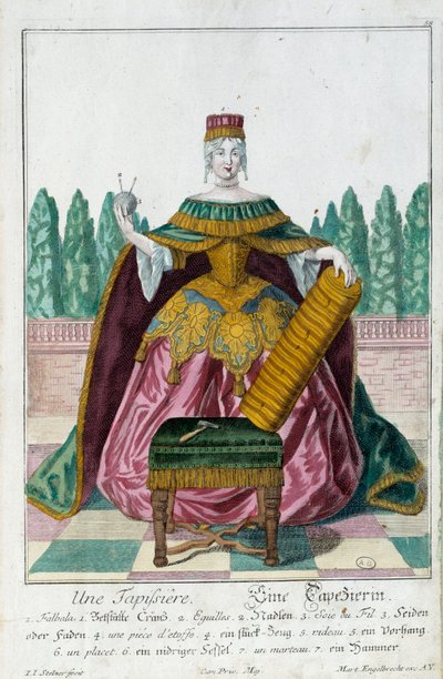 Una tappezzeria. Incisione di Martin Engelbrecht (1684-1756), in "Nuova assemblea delle manovre vestite" XVIII secolo, Germania. Parigi, Arti Decorative da Martin Engelbrecht